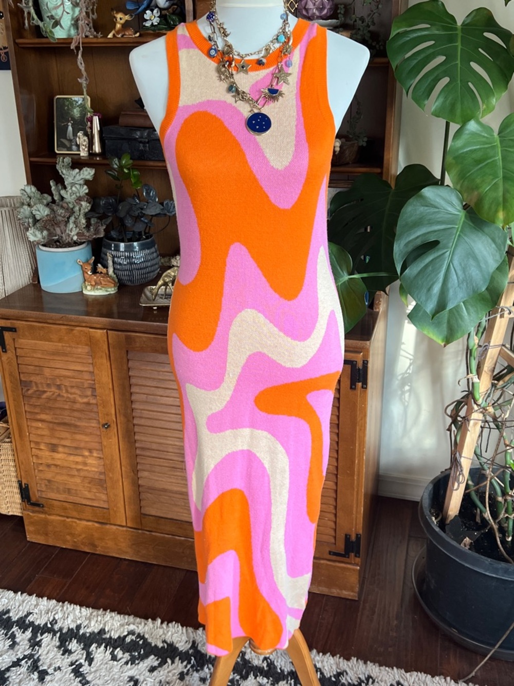 Wild Fable Sleeveless Sweater Wave-Print Knit Dress in Orange, Pink & Cream M